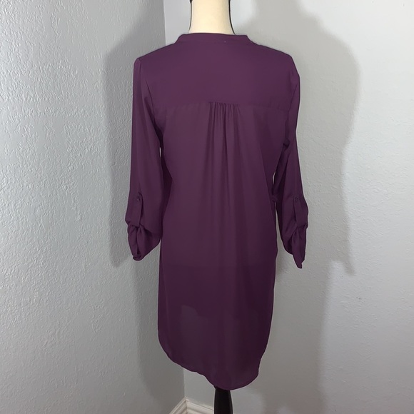 Timing Purple Solid V Neck Roll tab Sleeves Shirt Dress size Medium - Picture 3 of 12